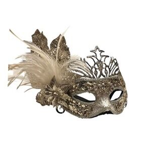 Gold Silver Masquerade Mask Sequin Feather Venetian Filigree‎ Crown Costume